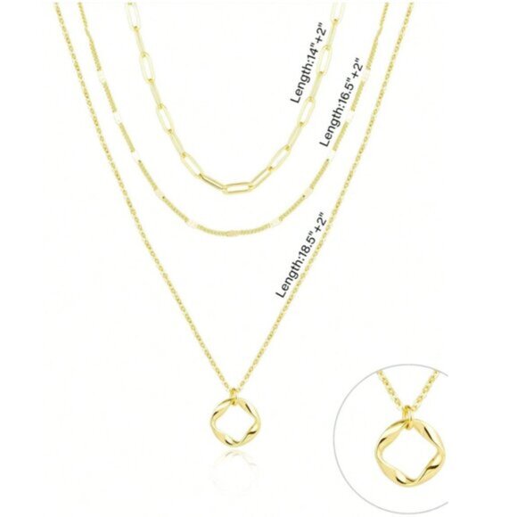 3-Layer 18K Gold Filled Necklace Set with Geometric Pendant - Picture 4 of 4